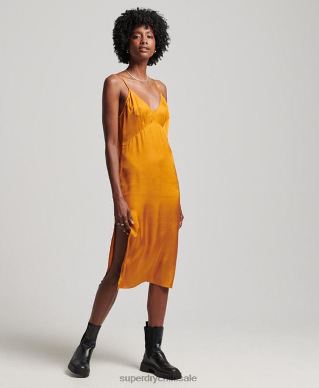 mujer Superdry naranja vestido midi de tirantes de satén 2R68Z2500