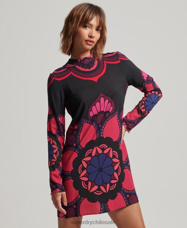 mujer Superdry negro mini vestido estampado de manga larga 2R68Z2480