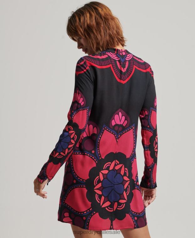 mujer Superdry negro mini vestido estampado de manga larga 2R68Z2480