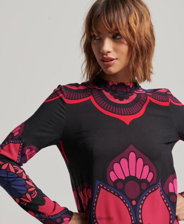 mujer Superdry negro mini vestido estampado de manga larga 2R68Z2480