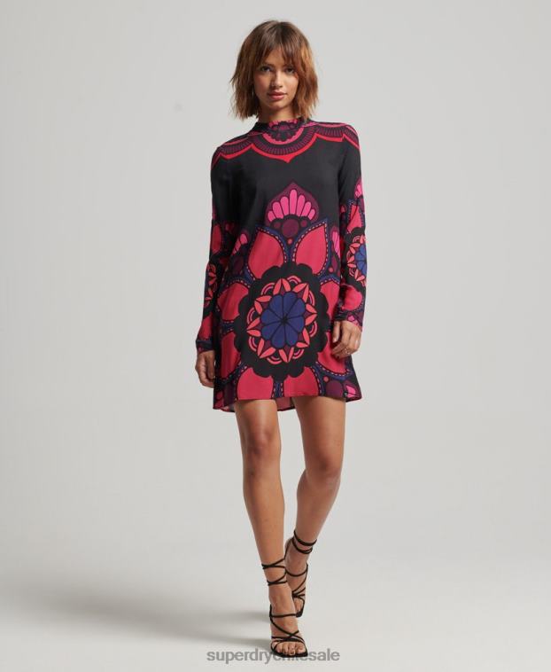 mujer Superdry negro mini vestido estampado de manga larga 2R68Z2480