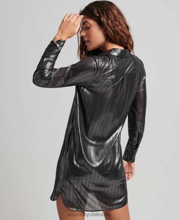 mujer Superdry negro vestido camisero brillante 2R68Z2551
