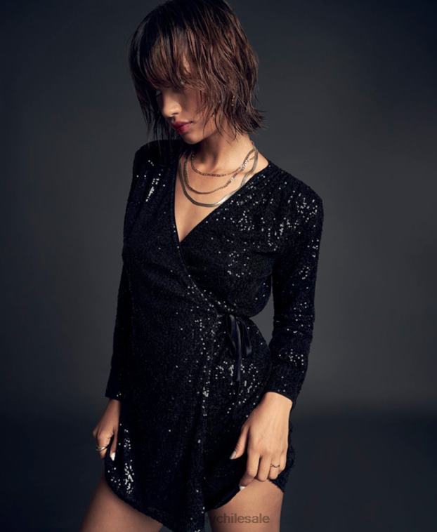 mujer Superdry negro vestido corto cruzado con mangas y lentejuelas 2R68Z2446