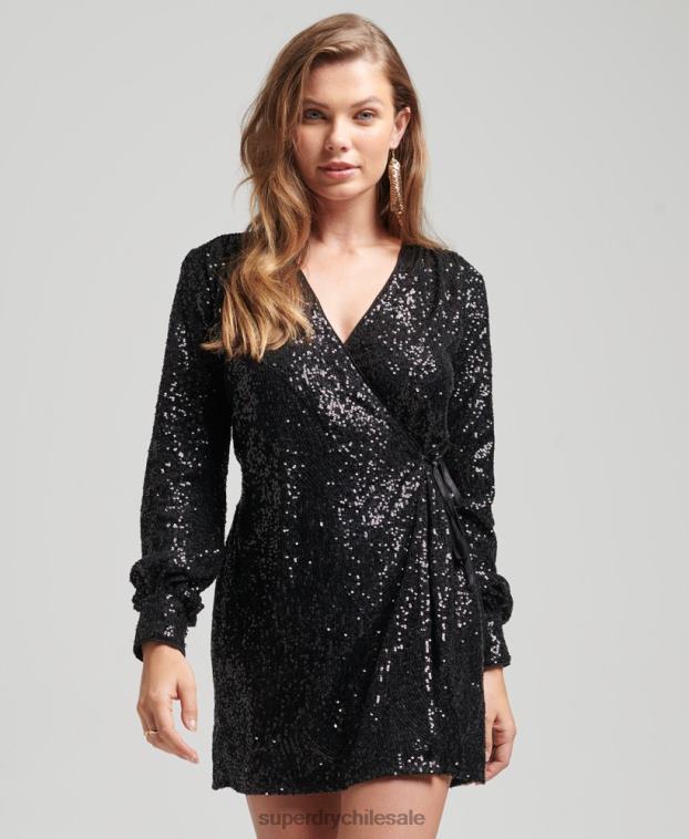 mujer Superdry negro vestido corto cruzado con mangas y lentejuelas 2R68Z2446