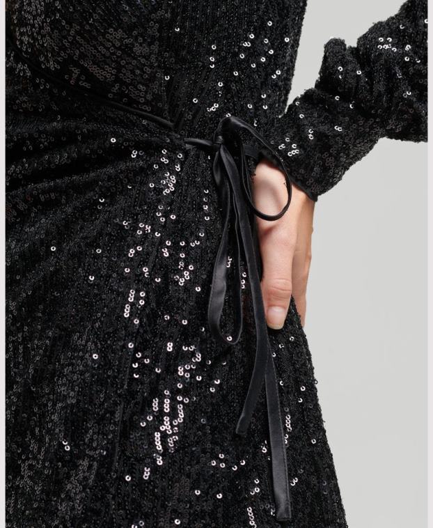 mujer Superdry negro vestido corto cruzado con mangas y lentejuelas 2R68Z2446