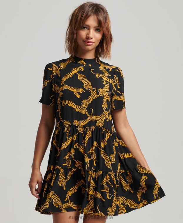 mujer Superdry negro vestido corto de manga corta a capas 2R68Z2531