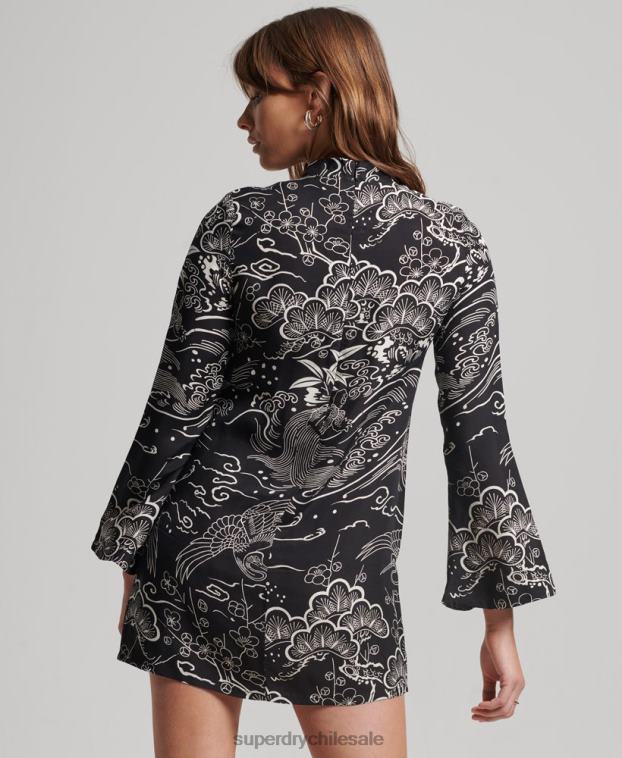 mujer Superdry negro vestido corto de manga larga estampado 2R68Z2479