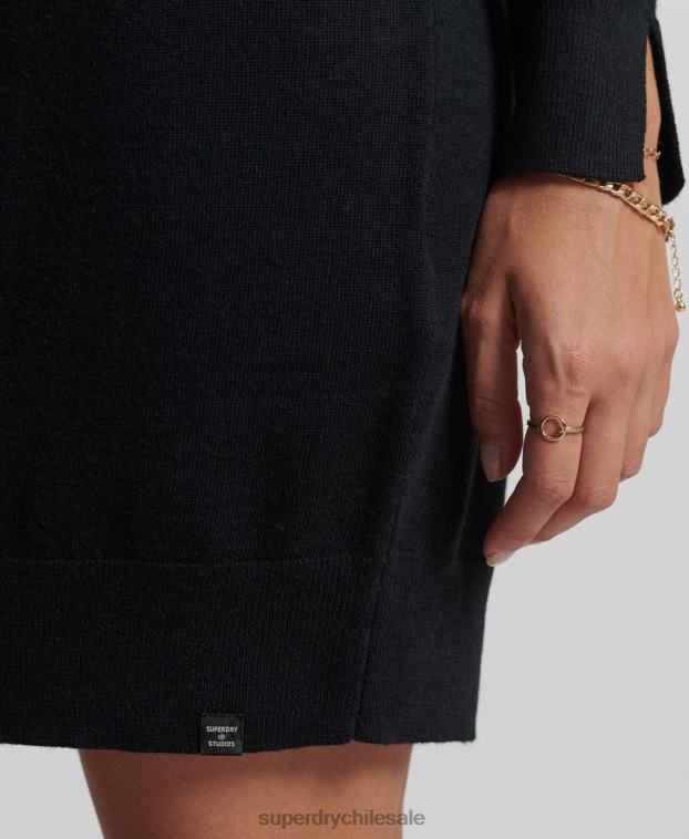 mujer Superdry negro vestido corto de punto de merino de studios 2R68Z2522