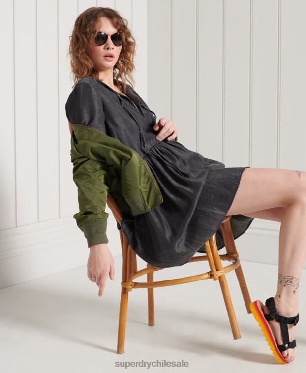 mujer Superdry negro vestido de tencel manga larga 2R68Z2549