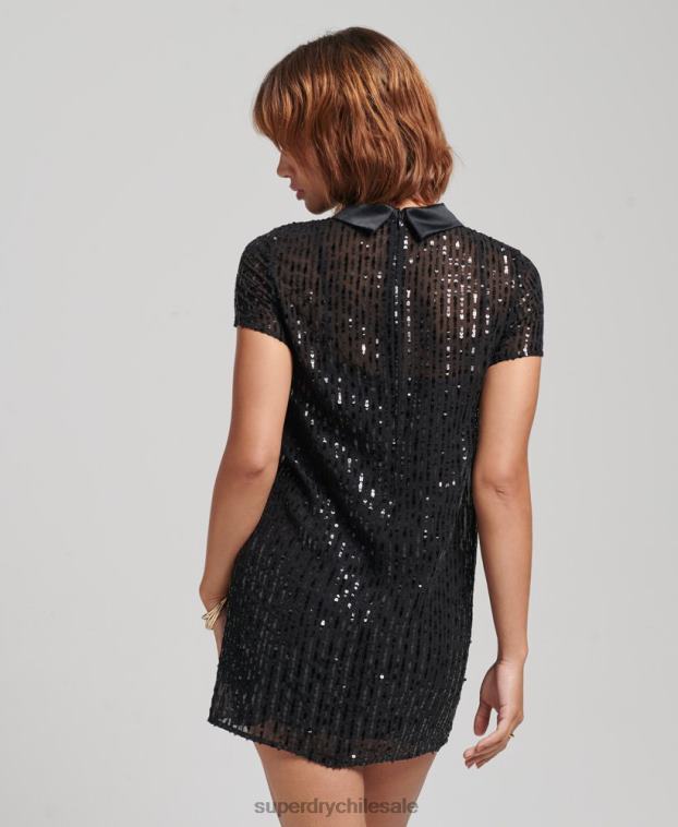 mujer Superdry negro vestido estilo camiseta con cuello de lentejuelas 2R68Z2497