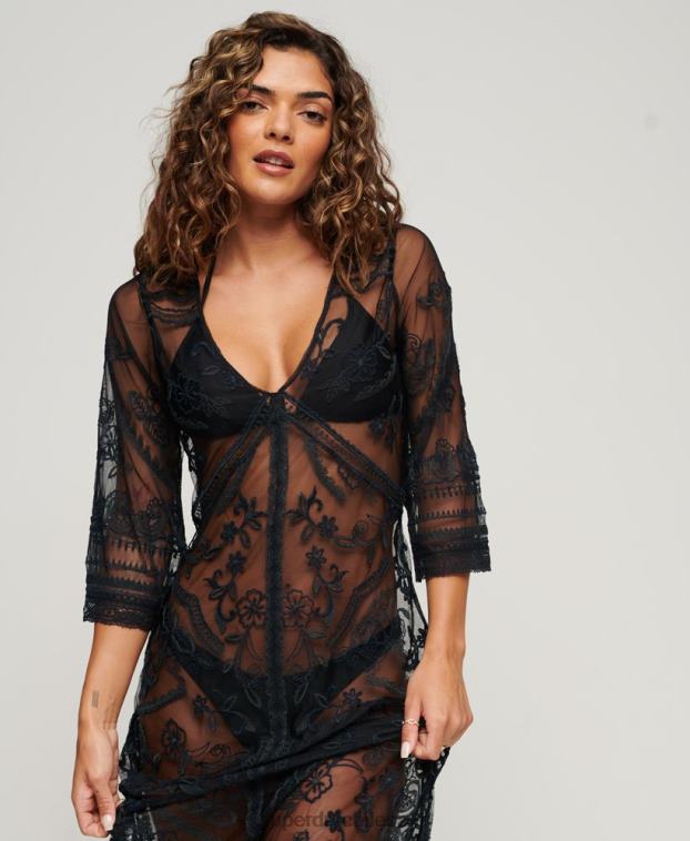 mujer Superdry negro vestido largo de encaje para cubrir la playa 2R68Z2272