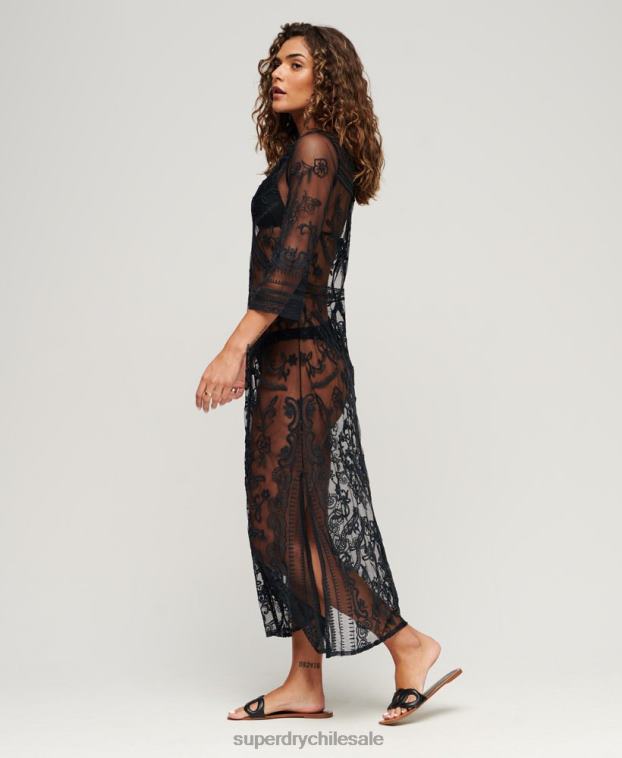 mujer Superdry negro vestido largo de encaje para cubrir la playa 2R68Z2272
