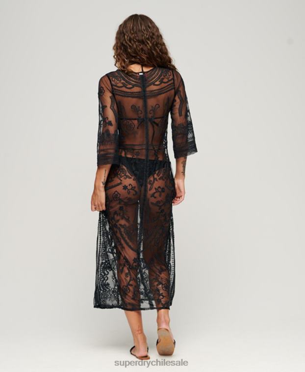 mujer Superdry negro vestido largo de encaje para cubrir la playa 2R68Z2272