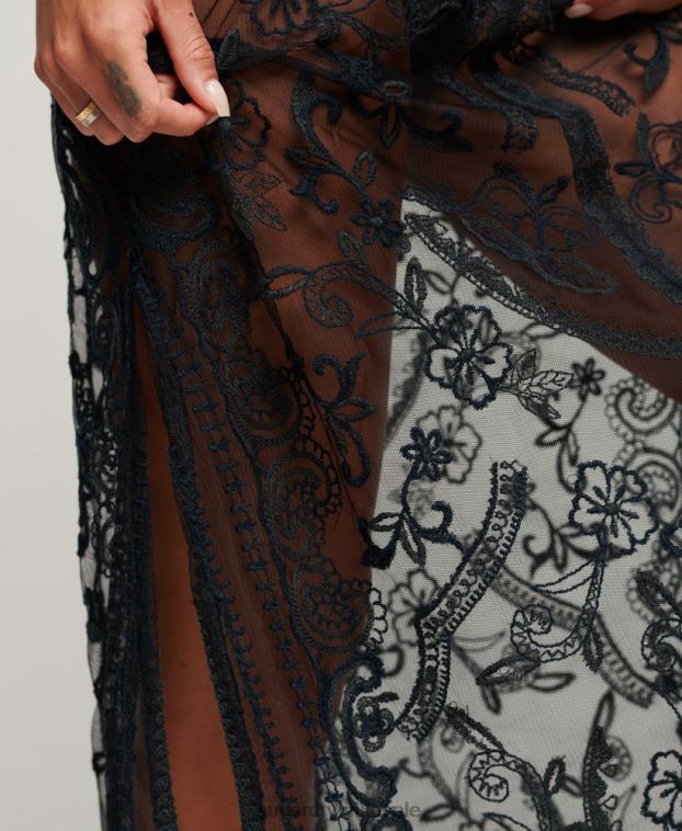 mujer Superdry negro vestido largo de encaje para cubrir la playa 2R68Z2272