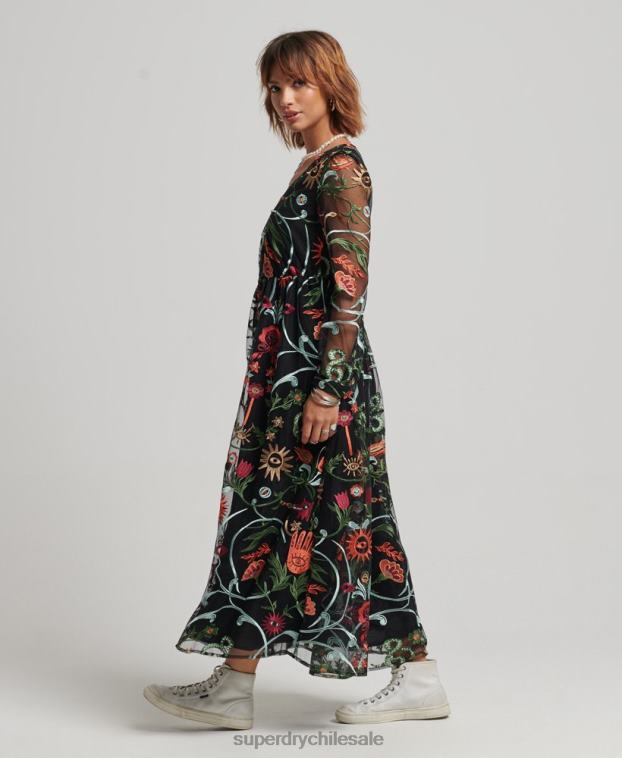mujer Superdry negro vestido largo de malla de manga larga 2R68Z2414