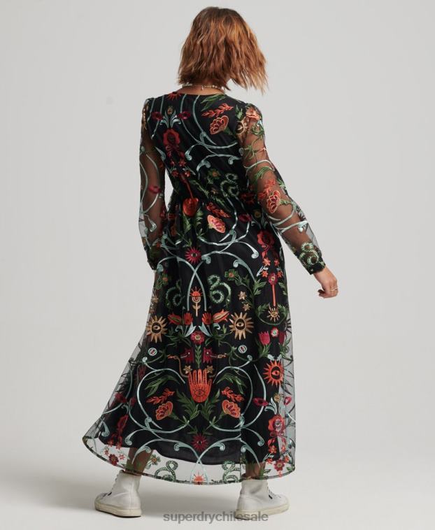 mujer Superdry negro vestido largo de malla de manga larga 2R68Z2414