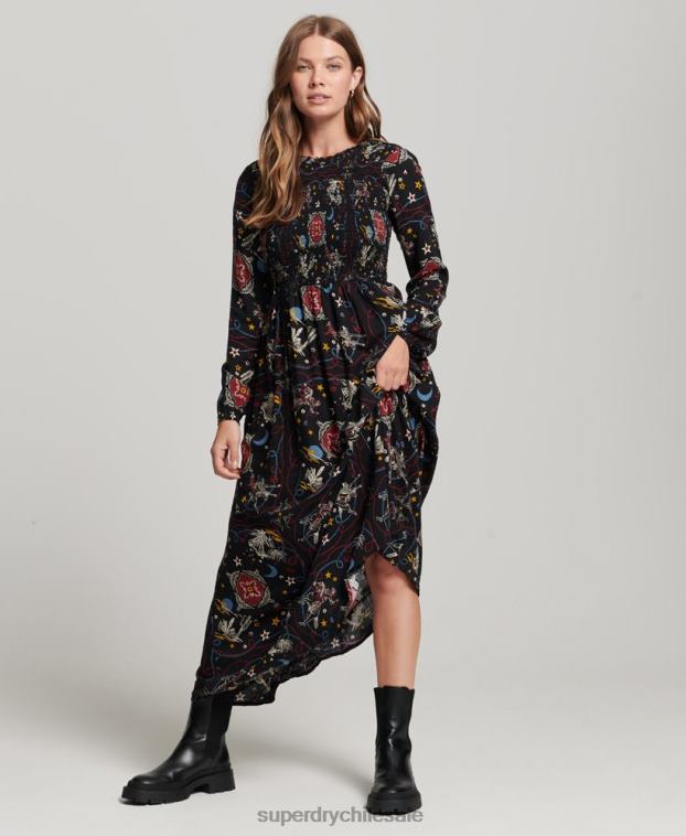mujer Superdry negro vestido largo fruncido 2R68Z6718