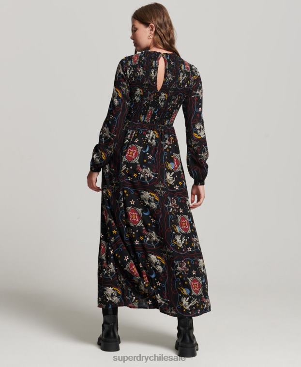 mujer Superdry negro vestido largo fruncido 2R68Z6718