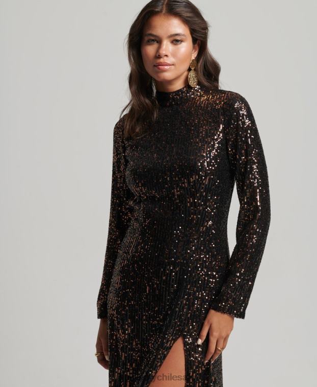 mujer Superdry negro vestido midi con espalda descubierta y lentejuelas 2R68Z2503