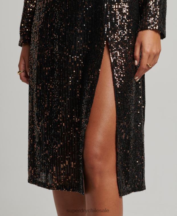 mujer Superdry negro vestido midi con espalda descubierta y lentejuelas 2R68Z2503