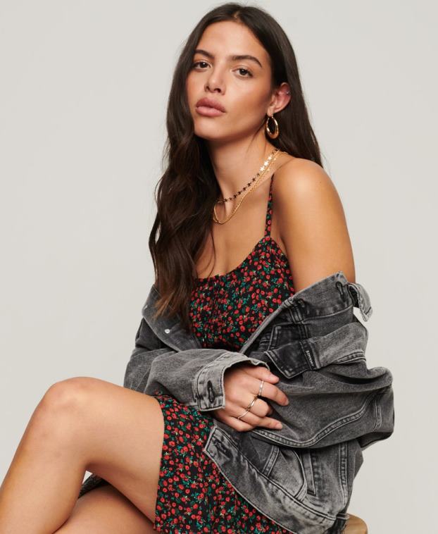 mujer Superdry negro vestido midi de tirantes con botones estampados 2R68Z1987