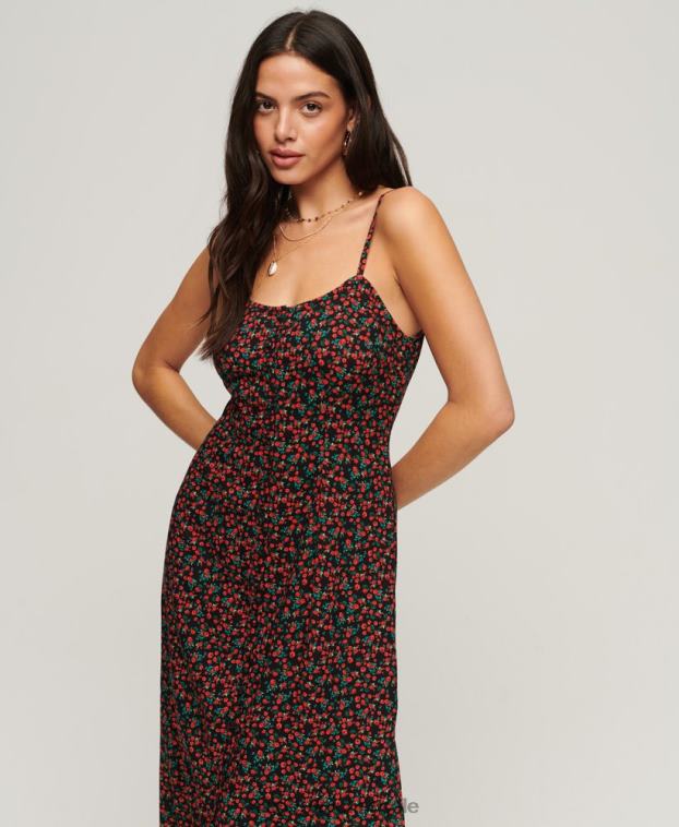 mujer Superdry negro vestido midi de tirantes con botones estampados 2R68Z1987