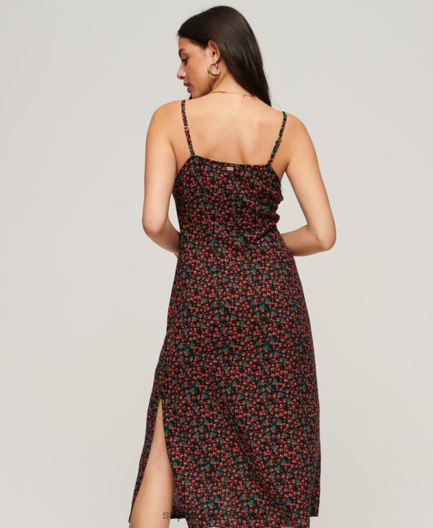 mujer Superdry negro vestido midi de tirantes con botones estampados 2R68Z1987