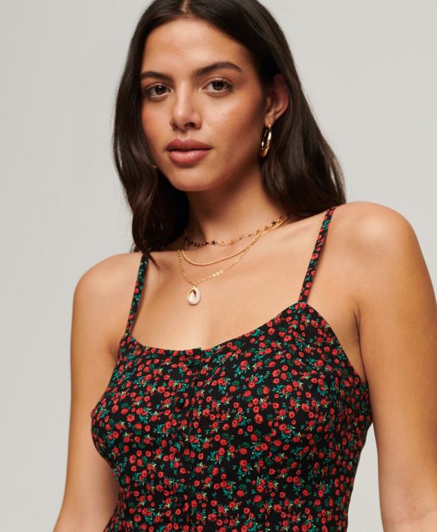 mujer Superdry negro vestido midi de tirantes con botones estampados 2R68Z1987