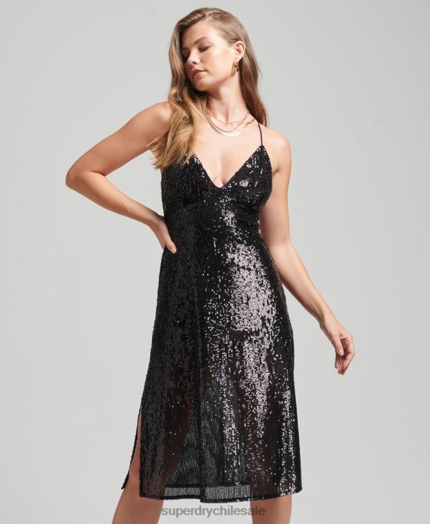 mujer Superdry negro vestido midi escotado con lentejuelas 2R68Z2450