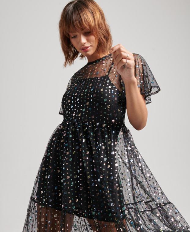 mujer Superdry negro vestido midi tejido con lentejuelas transparentes 2R68Z2545