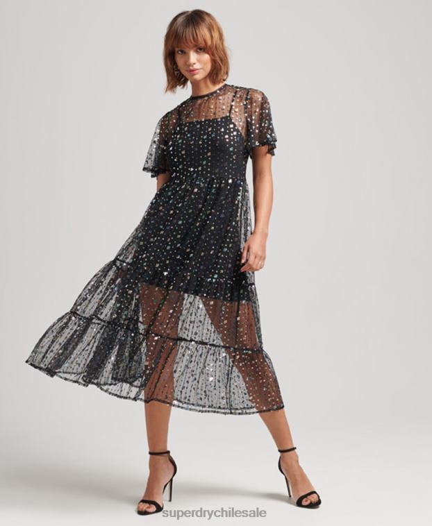 mujer Superdry negro vestido midi tejido con lentejuelas transparentes 2R68Z2545