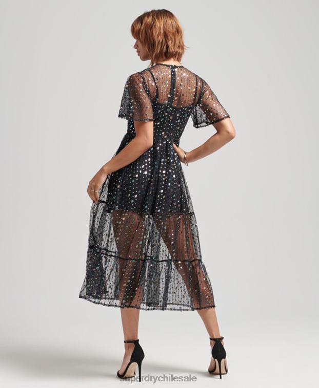 mujer Superdry negro vestido midi tejido con lentejuelas transparentes 2R68Z2545