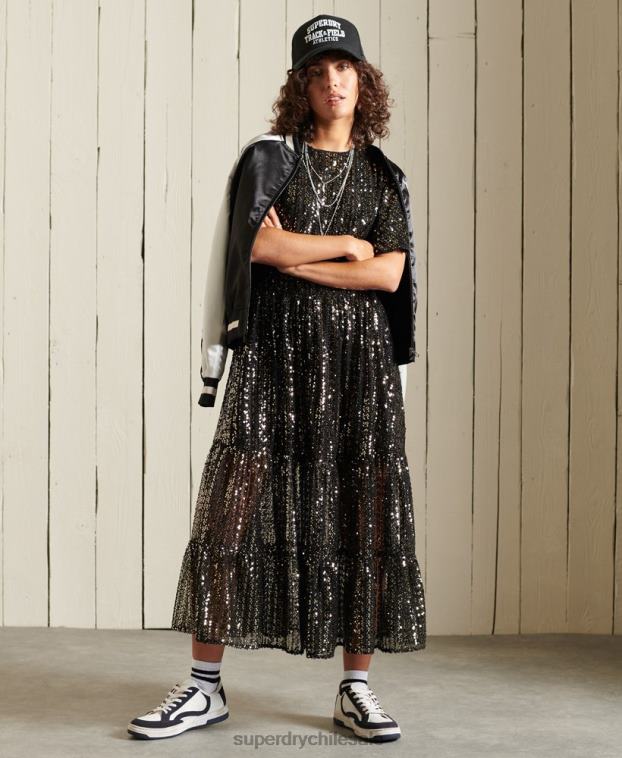 mujer Superdry negro vestido midi tejido de manga corta con lentejuelas 2R68Z2523