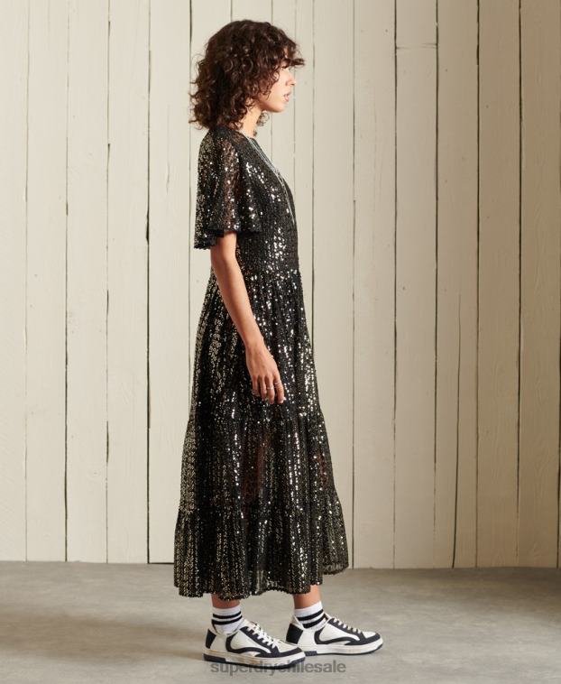 mujer Superdry negro vestido midi tejido de manga corta con lentejuelas 2R68Z2523