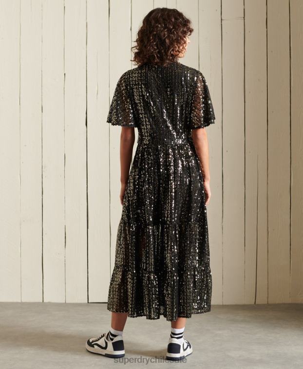 mujer Superdry negro vestido midi tejido de manga corta con lentejuelas 2R68Z2523