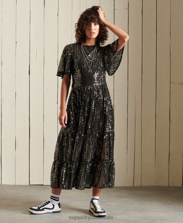 mujer Superdry negro vestido midi tejido de manga corta con lentejuelas 2R68Z2523