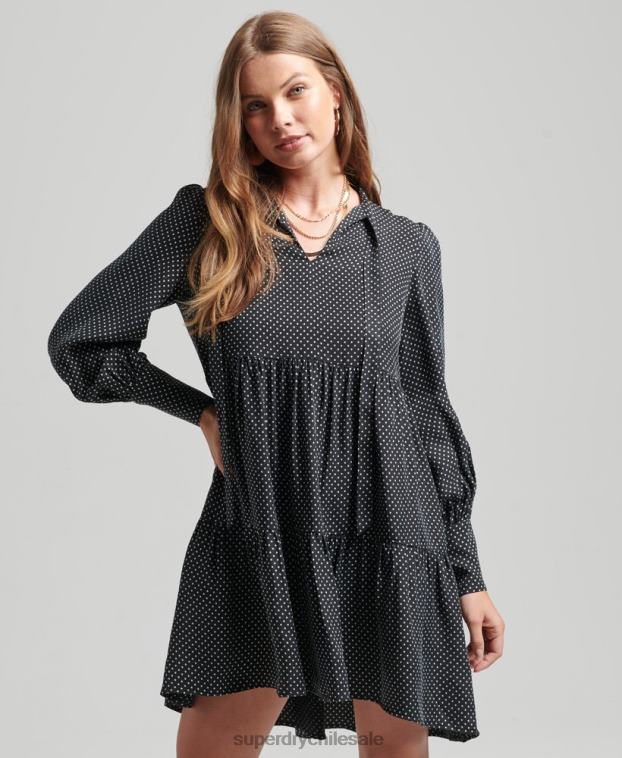 mujer Superdry negro vestido peplum cupro 2R68Z2444