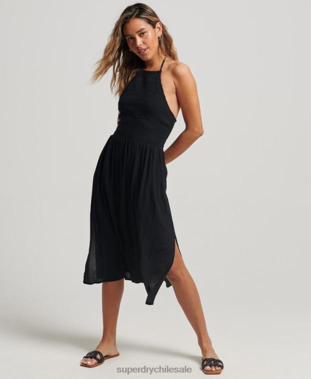 mujer Superdry negro vestido vintage con cuello halter y fruncido 2R68Z2354