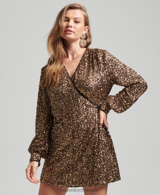 mujer Superdry oro vestido corto cruzado con mangas y lentejuelas 2R68Z2447