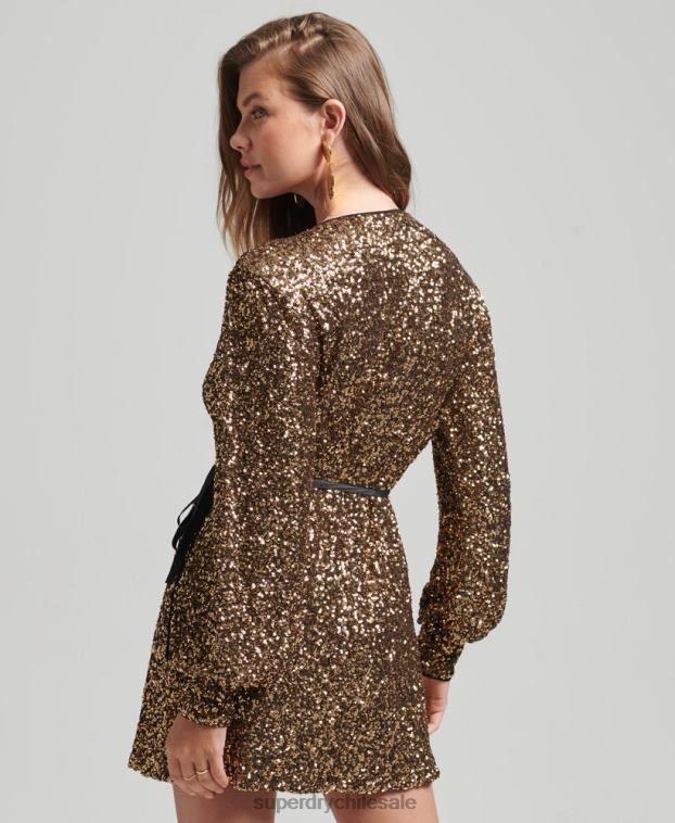 mujer Superdry oro vestido corto cruzado con mangas y lentejuelas 2R68Z2447