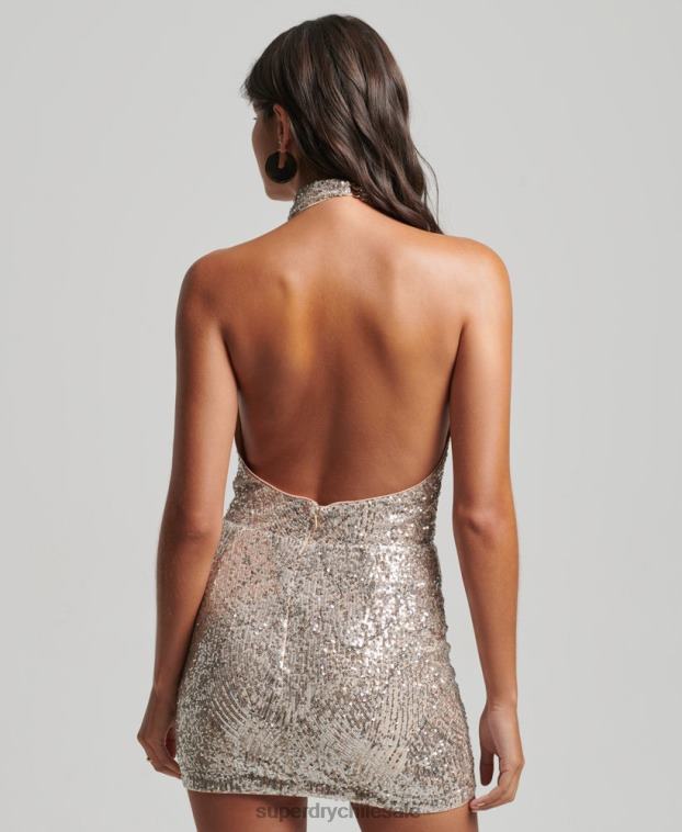 mujer Superdry plata vestido corto con cuello desbocado y lentejuelas 2R68Z2485