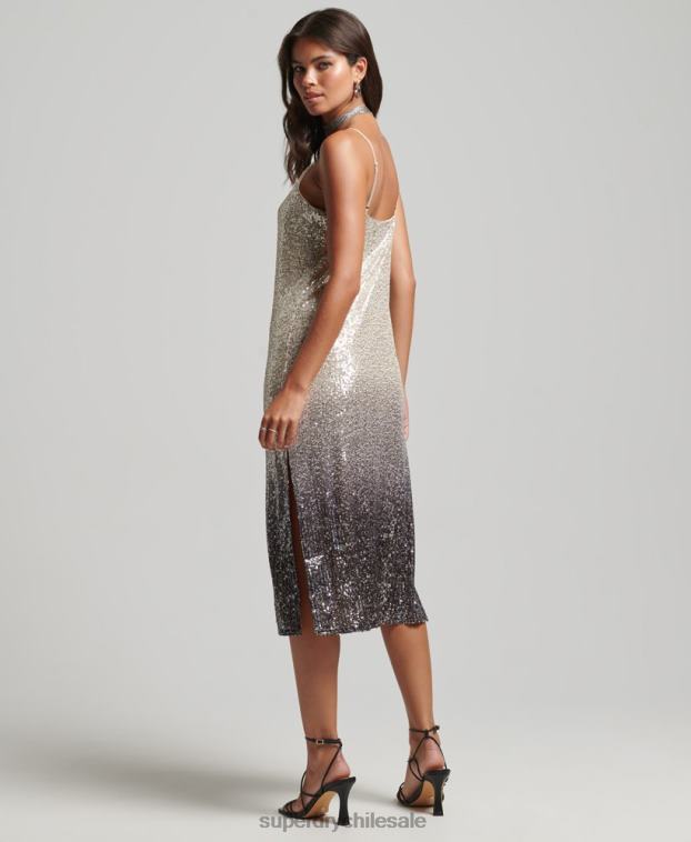 mujer Superdry plata vestido midi lencero con lentejuelas sombreadas 2R68Z2428