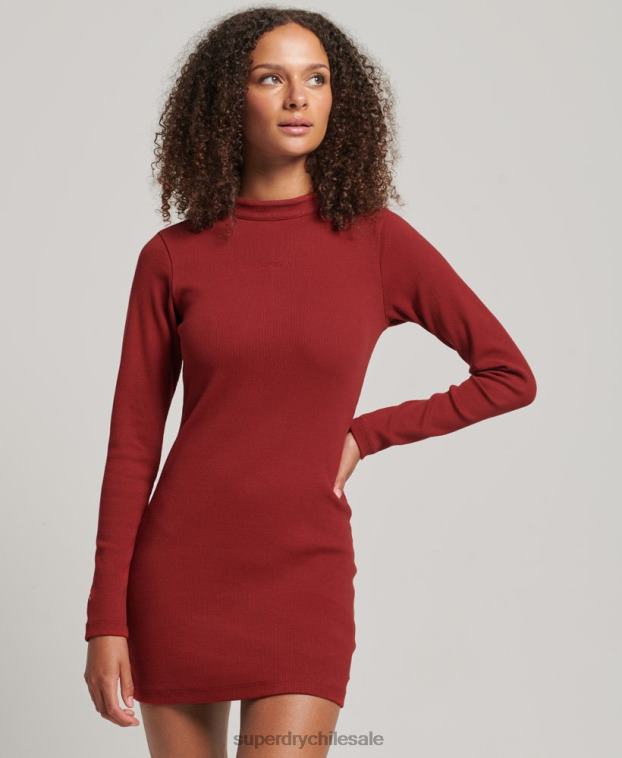 mujer Superdry rojo mini vestido ajustado de canalé de manga larga 2R68Z6603