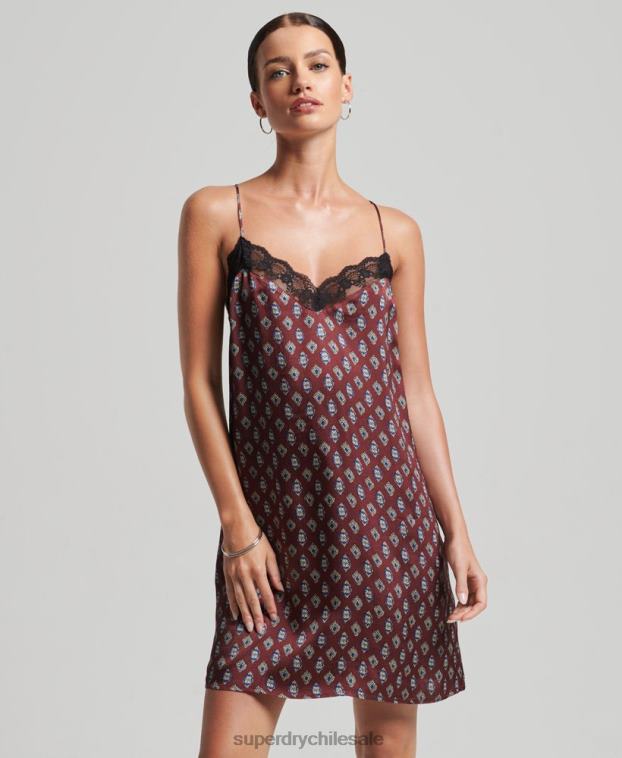 mujer Superdry rojo vestido lencero de satén con ribete de encaje 2R68Z2524