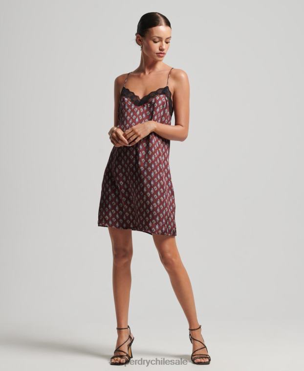 mujer Superdry rojo vestido lencero de satén con ribete de encaje 2R68Z2524