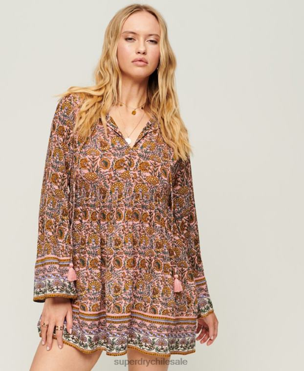 mujer Superdry rosa vestido corto estilo años 60 con mangas acampanadas 2R68Z2080