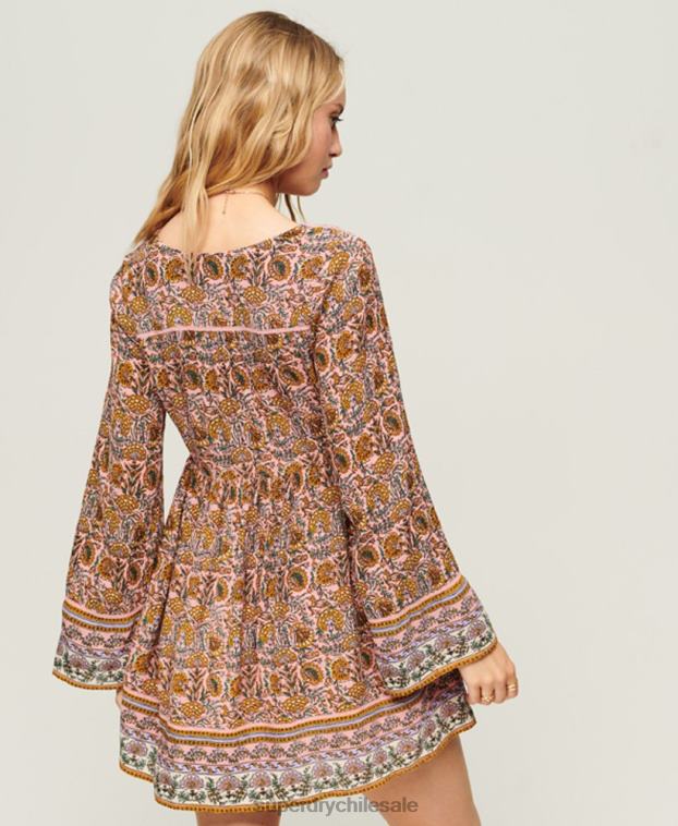 mujer Superdry rosa vestido corto estilo años 60 con mangas acampanadas 2R68Z2080
