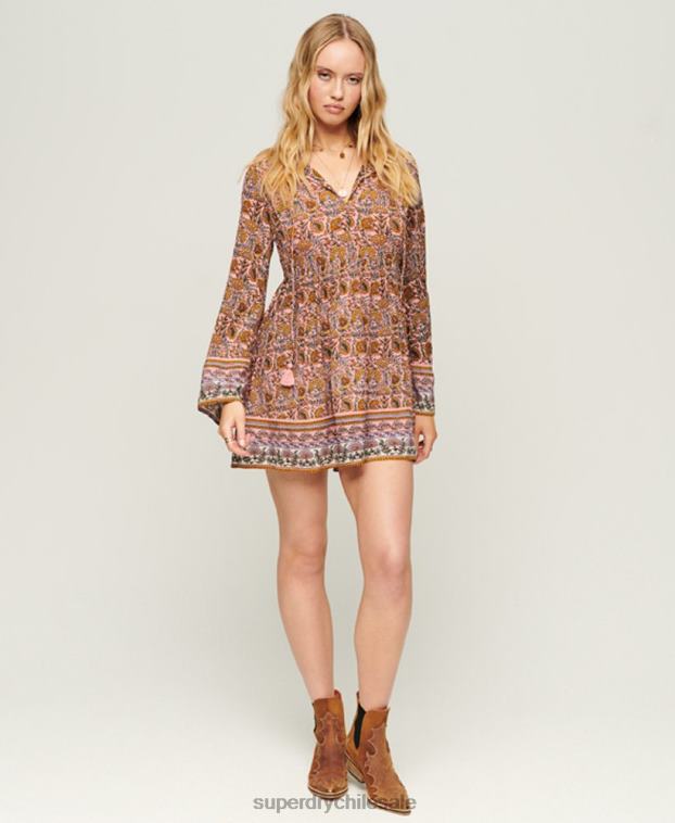 mujer Superdry rosa vestido corto estilo años 60 con mangas acampanadas 2R68Z2080