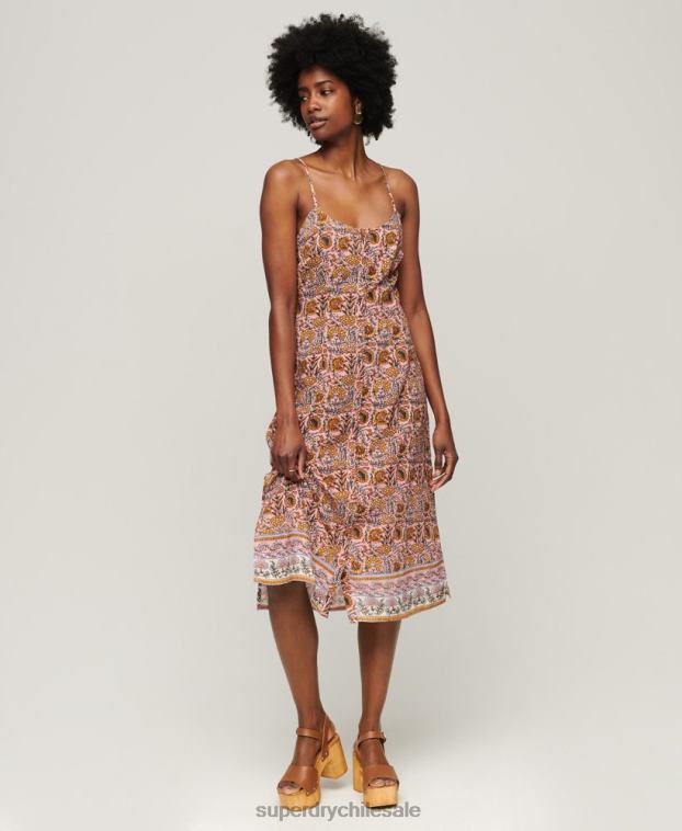 mujer Superdry rosa vestido midi de tirantes con botones estampados 2R68Z2009