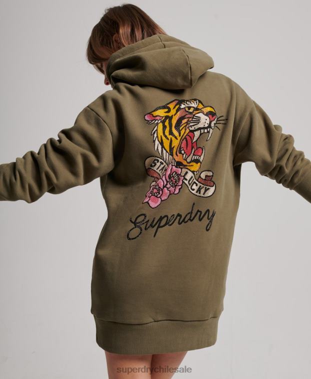 mujer Superdry verde vestido estilo sudadera con capucha y tatuaje 2R68Z2517